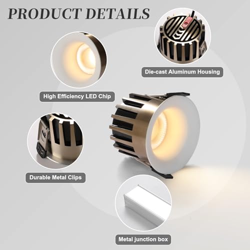3 Inch LED Recessed Lights, Dimmable, 3CCT, CRI98, Trimless Ceiling Light - color: White-Gold, size: 3 Inch-2 Pack