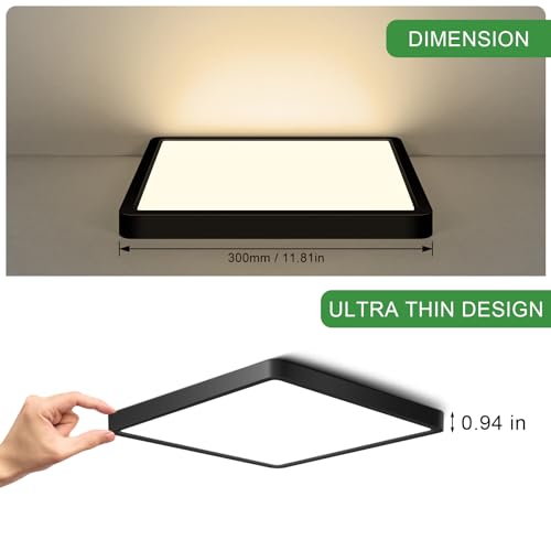 LightingWill 12Inch 24W Square LED Ceiling Light Fixtures Flush Mount, 3000K Warm White LED Ceiling Lamp, Black Surface Mount Modern Ceiling Lights for Bedroom, Kitchen, Hallway and Living Room - color: Warm White, size: 12 inch Black