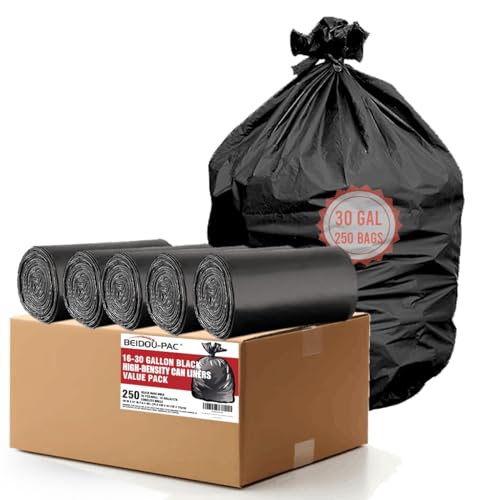 BEIDOU-PAC 30 Gallon Trash Bags, 250 Count Black Garbage bags, Multi-purpose Trash Can Bin Liners for Bathroom, Office, Industrial, Commercial, Janitorial, Municipal, Recycling - style: 30 Gallon |10 Micron |250 Count