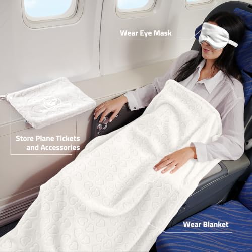 Travel Blanket, Airplane Blanket, Ultra-Soft, Warm & Lightweight, 65x40 in, Outdoor Blanket Essentials for Women, Men & Kids, Included Eye Mask, Luggage Sleeve & Backpack Clip Heart Cream - color: Heart Cream White