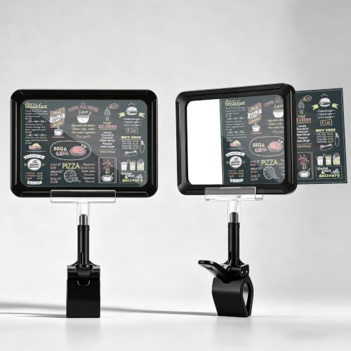 12 Pack Acrylic Sign Holder with Clamp, 6 x 9 Inch Double Head Display Clips with PVC Card Protector, Swivel Sign Holder with Clip for Clothing, Retail Store, Office, Boutique Display