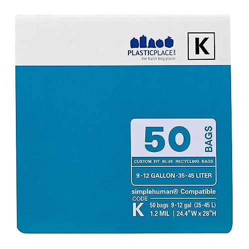 Plasticplace Custom Fit Trash Bags, Compatible with simplehuman Code K (50 Count) Tinted Blue Drawstring Garbage Liners 10 Gallon / 38 Liters, 24" x 28" - color: Blue, size: 50 Count (Pack of 1)