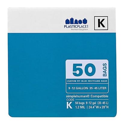 Plasticplace Custom Fit Trash Bags, Compatible with simplehuman Code K (50 Count) Tinted Blue Drawstring Garbage Liners 10 Gallon / 38 Liters, 24" x 28" - color: Blue, size: 50 Count (Pack of 1)