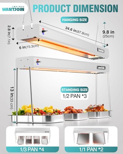 WantJoin Food Heat Lamp - 35 Inch Commercial Food Warmer Lamp Strip, 750W 86-176°F/30-80°C Electric Aluminum Hanging & Freestanding Dual-Use Heat Lamps for Kitchen Catering Restaurant Buffet, Silver
