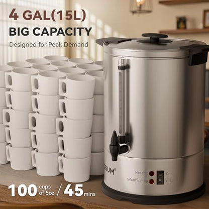 100-Cup Commercial Coffee Maker Hot Water Urn, 4 Gallon Large Capacity Hot Drink Dispenser, 1500W Quick Brew for Catering Events, Stainless Steel