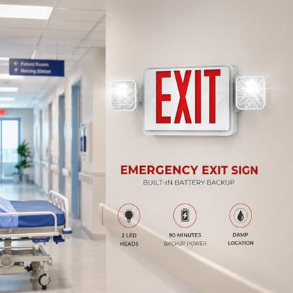 Pack 2 Double Sided LED Emergency Exit Sign with Dual Lights, Remote Capable, Backup Battery, Red Letters, Fire-Resistant (UL 94V-0), 120-277V Commercial Grade - size: 2 pack
