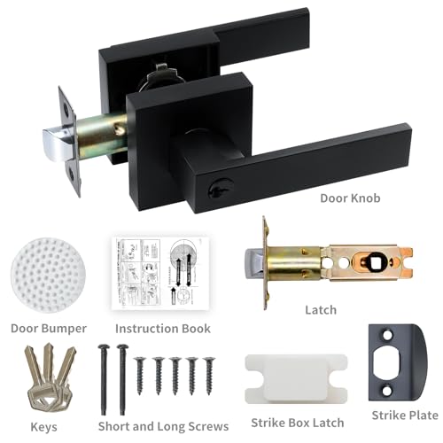 JO.KO Entry Door Lock Set, Square Door Lever for Bedroom, Passage Door Privacy Locking Interior/Exterior Entry Door Knob/Heavy Duty - color: Matte Black, size: 2 Pack