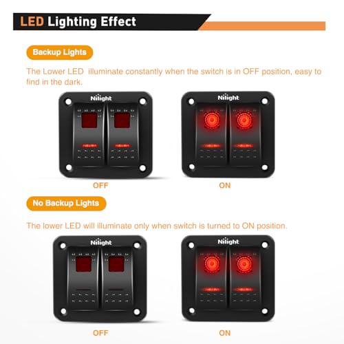 Nilight 2 Gang Rocker Switch Panel SPST On Off 12 Volt Toggle Red - color: Red, size: 2 Gang