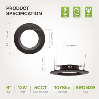 ASD 12 Pack Bronze Retrofit LED Recessed Lighting 6 Inch, 5CCT Wafer Lights - color: Bronze, size: 12 Pack