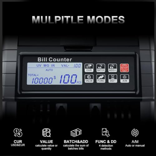 AL1000 Money Counter Machine with Value Calculation, Supports USD & EUR, UV/MG/MT/IR/DD Counterfeit Detection, LCD Display, Batch & Add Modes.