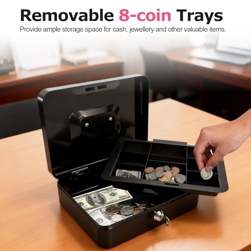 8" Cash Box with Money Tray, Black, Medium - color: Black, size: Medium