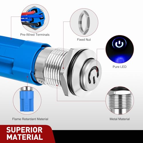 Nilight 12mm Latching Push Button Switch 6pcs LED Blue Waterproof - color: 6pcs 12mm LED Switch Blue