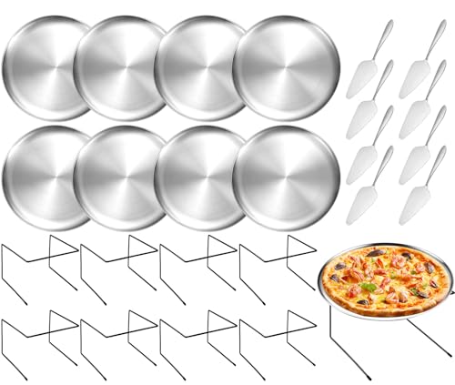 GRETJOB 24 Pcs Pizza Pan Riser Stand Set, 8 Metal Pizza Table Stands + 8 Nonstick Pizza Pans + 8 Pie Servers, Gold Pizza Rack & Tray for Baking, Dessert, Cheese, Party, and Restaurant Use - color: Silver 8Pcs