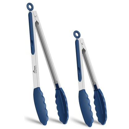 HOTEC Stainless Steel Kitchen Tongs with Silicone Tips, Set of 2-7" and 9" - color: Classic Blue:9+7inch