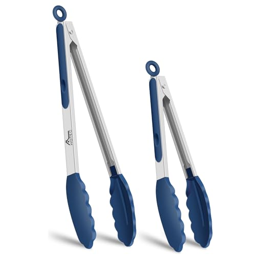 HOTEC Stainless Steel Kitchen Tongs with Silicone Tips, Set of 2-7" and 9" - color: Classic Blue:9+7inch
