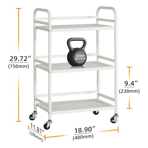 HDANI 3 Tier Rolling Cart,Heavy Duty Multifunctional Metal Frame-Supports 22 Lbs Per Tier,Rolling Cart with 2 Lockable Wheels for Office,Home,Bedroom,Kitchen,Bathroom (White)… - color: White, size: Small Mesh