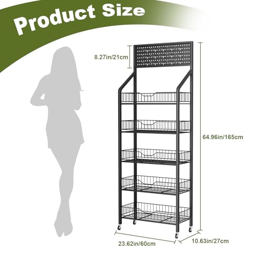 5 Tier Retail Display Racks, Freestanding Snack Rack Display Stand with 15 Hooks & 4 Wheels, Metal Snack Shelf Organizer for Supermarket Retail Store Commercial Kitchen Office, Black - size: 5Tier/10.63"D X 23.62"W X 64.96"H
