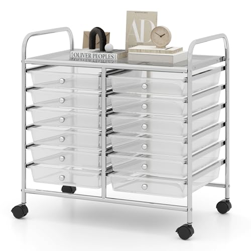 RELAX4LIFE 12-Drawer Rolling Storage Cart - Mobile Utility Cart on Wheels for School Classroom Teacher Office Salon, Paper File Art Supply Craft Organizer, Rolling Cart with Drawers (Clear) - color: Clear, size: 24.5''