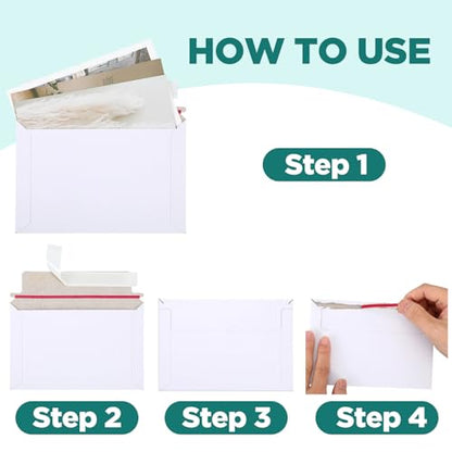 100 Pack 6.5x4.5 Inch Rigid Mailers Self Seal Stay Flat White Cardboard Photo Document Shipping Envelopes Small Mailers for Photos, CD, Certificates, Art Prints, and Documents