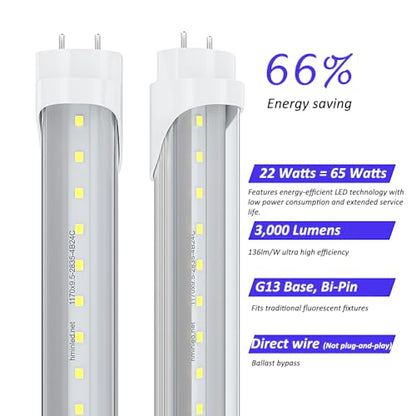4FT T8 LED Tube Lights 25-Pack, 22W 3000LM 6000K Ballast Bypass - color: 6000k(cold White), size: 25 Count (Pack of 1)