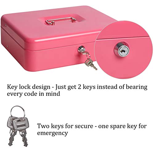 Cash Box with Money Tray and Key Lock, Parrency Large Money Box, 5 Compartments for Cions & 4 Spring-Loaded Clips for Bills, 11.8" x 9.5" x 3.5", K-Pink - color: K-Pink