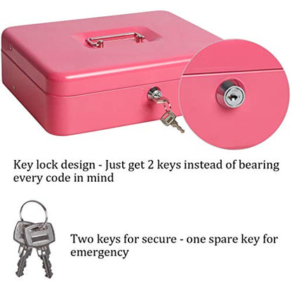 Cash Box with Money Tray and Key Lock, Parrency Large Money Box, 5 Compartments for Cions & 4 Spring-Loaded Clips for Bills, 11.8" x 9.5" x 3.5", K-Pink - color: K-Pink