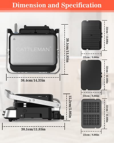 CATTLEMAN 6 in 1 Panini Press Grill with Removable Waffle Plates, 1600W - color: Silver with Waffle Plates