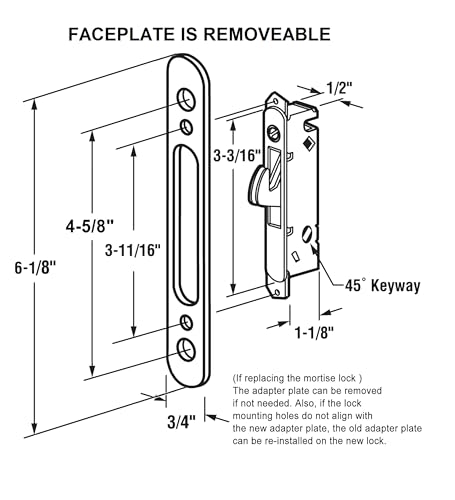 Sliding Glass Door Replacement Mortise Lock with Face Adapter Plate, 4-5/8” Screw Holes, 45 Degree Keyway- Fix and Repair Glass Door Mortise Locking Mechanism - size: Small Mortise Lock and Keeper