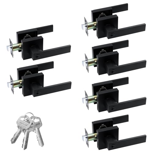 JO.KO Entry Door Lock Set, Different Key Square Door Lever for Bedroom - color: Matte Black, size: 6 Pack
