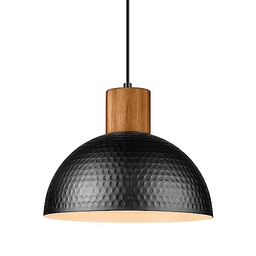 ELYONA 12" Hammered Metal Pendant Light, Rubber Wood Dome Hanging Lamp, Modern Pendant Light Fixtures for Kitchen Island, Bar, Farmhouse Dining Room, Bedroom, Hallway - Black - color: Black - 1 Pack