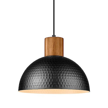 ELYONA 12" Hammered Metal Pendant Light, Rubber Wood Dome Hanging Lamp, Modern Pendant Light Fixtures for Kitchen Island, Bar, Farmhouse Dining Room, Bedroom, Hallway - Black - color: Black - 1 Pack