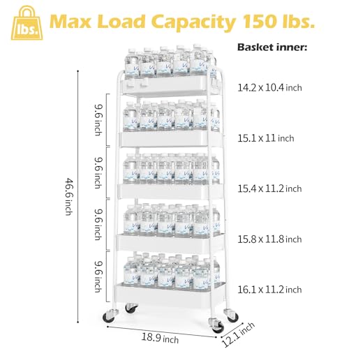 TOOLF 5-Tier Metal Rolling Cart with Wheels, Storage Utility Cart White - color: White, size: 5-Tier