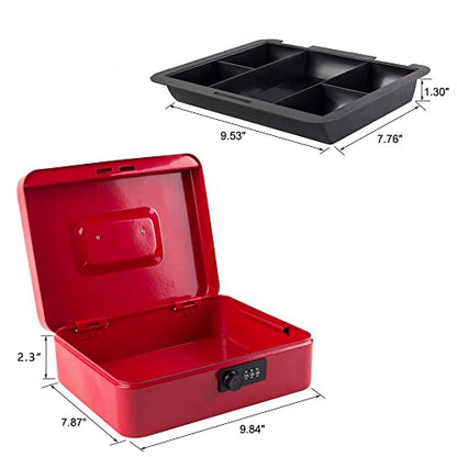 KYODOLED Large Cash Box with Combination Lock Safe Metal Money Box with Money Tray for Security Lock Box 9.84"x 7.87"x 3.54" Red Large - color: Red (Pack of 1), size: Large