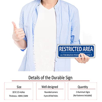 Restricted Area Sign Outdoor,(2 Pack) Metal Authorized Personnel Only, 10" x 3.5" Do Not Enter Sign, Aluminum, Rust free, Fade Resistant,Weatherproof (Blue) - color: Restricted Area Sign-01B