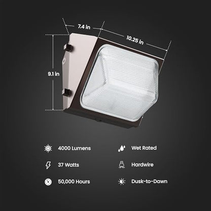 Feit Electric Commercial LED Wall Pack Security Light, 4000 Lumens, Dusk-to-Dawn Photocell Sensor, Shatter-Resistant Lens, Hardwired Outdoor Flood Light, 50,000-Hour Lifetime, S8.8CWPK/840/BZ - size: 1 Count (Pack of 1)