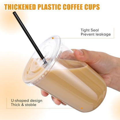 Ziliny 50 Pack 16 oz Plastic Cups with Lids Straws Iced Coffee, Black - color: Black, size: 16 oz
