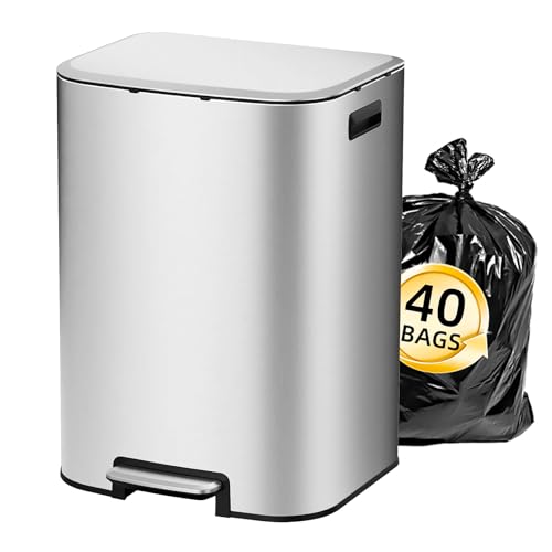 KUK 16 Gallon Kitchen Trash Can with Lid, Heavy Duty Hands-Free Stainless Steel Commercial Step Trash Bin with Removable Inner Bucket, Pedal Rubbish Bin for Home Office and Kitchen, 60L/16Gal - size: 16 Gallon