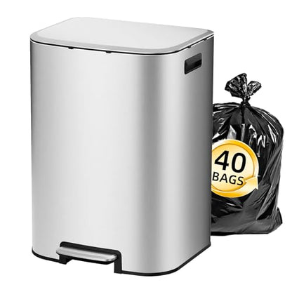 KUK 16 Gallon Kitchen Trash Can with Lid, Heavy Duty Hands-Free Stainless Steel Commercial Step Trash Bin with Removable Inner Bucket, Pedal Rubbish Bin for Home Office and Kitchen, 60L/16Gal - size: 16 Gallon