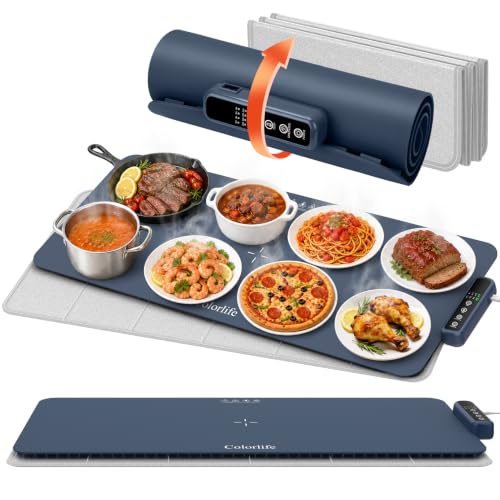 Colorlife Warming Mat for Food - Electric Warming Tray with Heat-Insulation Pad, 4-Level Temperature Settings & Hours Timer, Full Surface Stable Heating, Food Warmer for Kitchen Parties Buffet (Blue) - color: Dark Blue, size: XL: 37inch*15inch