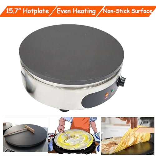 110V 2000W Electric Crepe Maker Machine 15.7" Non-Stick Hotplate Round Griddle with Adjustable Temperature 50-300°C Pancake Maker for Home & Commercial Use, Blintzes, Eggs, Tortillas