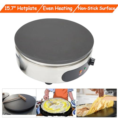 110V 2000W Electric Crepe Maker Machine 15.7" Non-Stick Hotplate Round Griddle with Adjustable Temperature 50-300°C Pancake Maker for Home & Commercial Use, Blintzes, Eggs, Tortillas