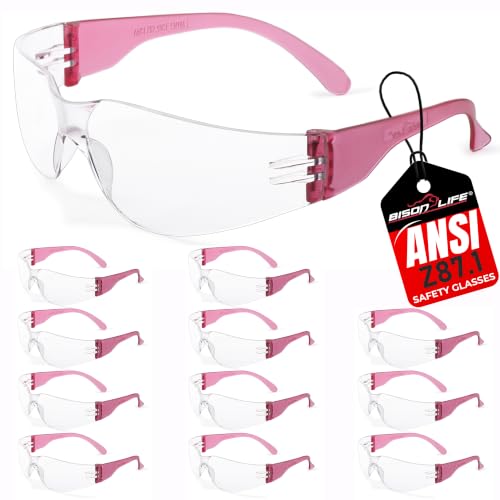 BISON LIFE Clear/Pink Safety Glasses for Men & Women ANSI Z87.1, 12 Pack - color: Clear/Pink