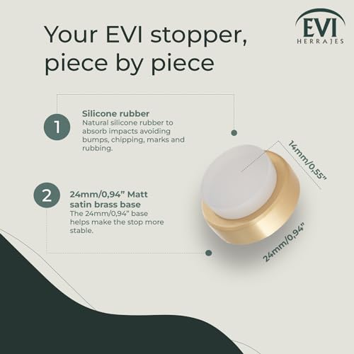 EVI Herrajes | Wall Brass Door Stop | 0.94x0.54 Inch | Gold Finish - White Anti-Shock Rubber | Adhesive | Small and Discreet | Mod. 205 - color: Matte Brass - White Rubber