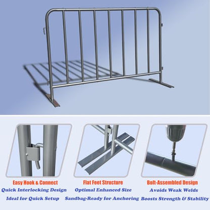 2-Pack Steel Crowd Control Barrier, Light Duty 5FT Interlocking Safety Barricade, 16GA Galvanized Steel Queue Barrier, Assembly Needed for Pedestrian Traffic & Construction Barricade (Grey)
