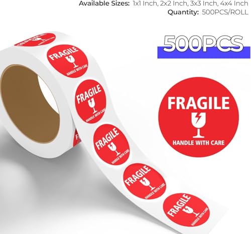 StickerJet Fragile Stickers Roll – (500pcs, 3x3) High-Visibility Handle with Care Labels, Strong Adhesive Paper Decals for Shipping, Packaging, and Protection – Made in USA - size: 3x3 Inch, style: 500 Stickers - Roll