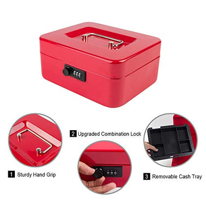 KYODOLED Medium Cash Box with Combination Lock Safe Metal Money Box with Money Tray for Security Lock Box 7.87"x 6.30"x 3.54" Red Medium - color: Red (Pack of 1), size: Medium