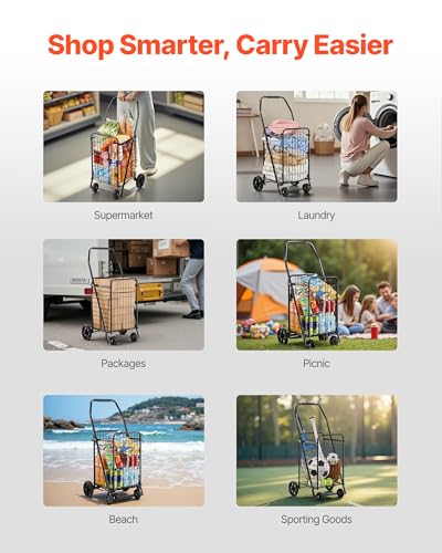 VEVOR Shopping Cart, Folding Grocery Utility Cart with Swivel Wheels, 90 LBS Large Load Capacity, Heavy Duty Rolling Laundry Basket Butler for Laundry, Shopping, Camping, Grocery, Luggage, Black - size: Small