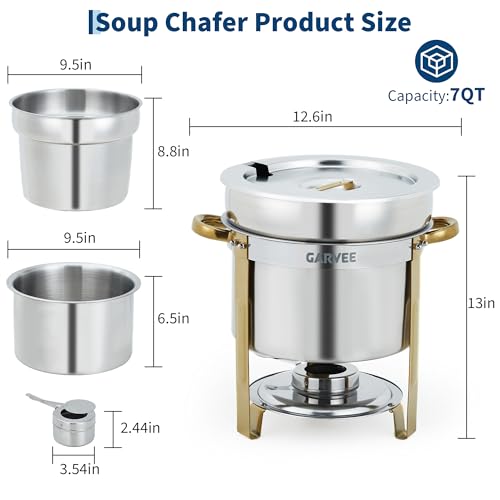 GarveeHome 7QT Round Soup Chafer Sets of 2, Commercial Soup Warmer with Pot, Notched Lids & Fuel Holders, Stainless Steel Food Warmer for Buffets Parties Wedding Banquets Catering, Gold - color: Gold, size: 7QT-2 Pcs