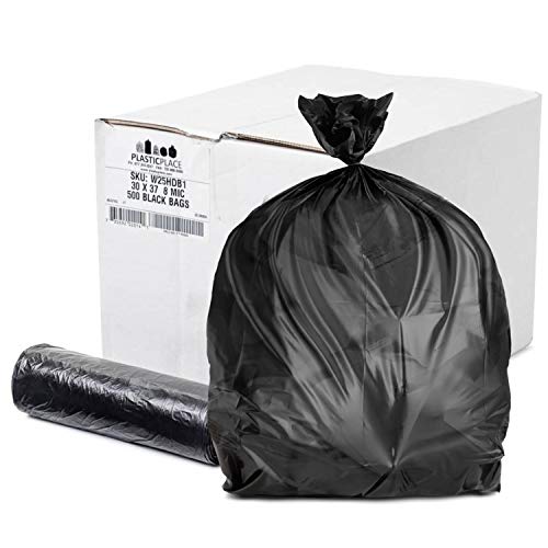 Plasticplace 25 Gallon High Density Trash Bags │ 8 Microns │ Black Garbage Can Liners │ 30” x 37” (500 Count) - color: Black, size: 1 Count (Pack of 1)