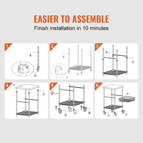 VEVOR Kitchen Utility Cart, 36.6"x20"x24" 3 Tiers Wire Rolling Cart, 470LBS Capacity Steel Service Cart with Brake Wheels, Storage Trolley with 76mm Basket PP Liner 6 Hooks, for Indoor & Outdoor Use - size: 24"D x 20"W x 36.6"H, style: Drawer Cart